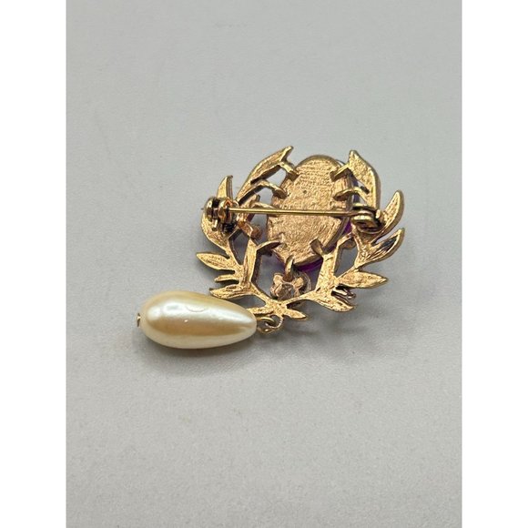 Fuchsia Purple Pin Brooch Pearl Drop Gold Tone 80s 90s Jewelry Acrylic Cabochon - Picture 4 of 6